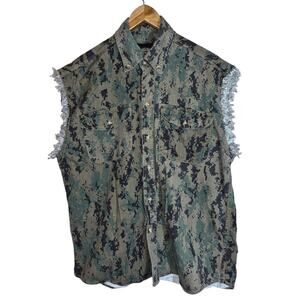 Vintage Biker Wear USA Men's USMC Semper Fi Camo Button Up Sleeveless Shirt L